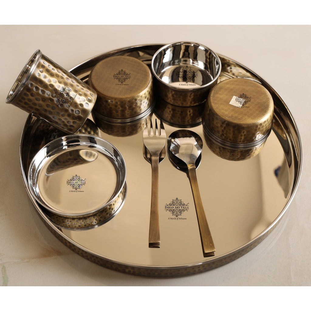 Indian Art Villa Steel Brass Hammered Design Thali Set/ Dinner Set, Antique finish, 33cm 8 Piece set