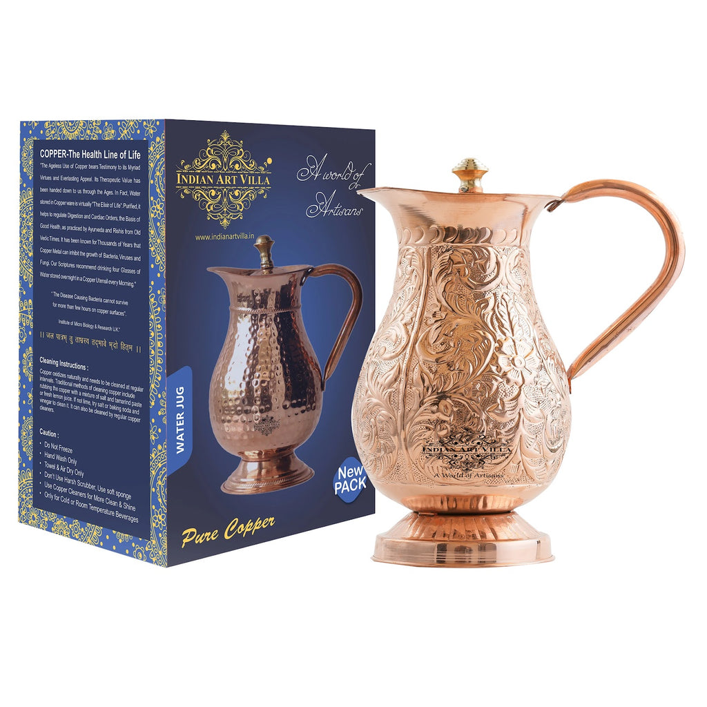 Indian Art Villa Handmade Pure Copper Embossed Mughlai Design Jug with Lid - 1500 ML