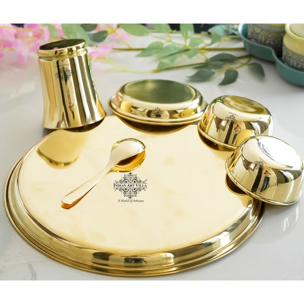 IndianArtVilla Brass Gold Shine Finish Design Thali Set | Dinner Set, Lead Free, Light weight, 6 Piece