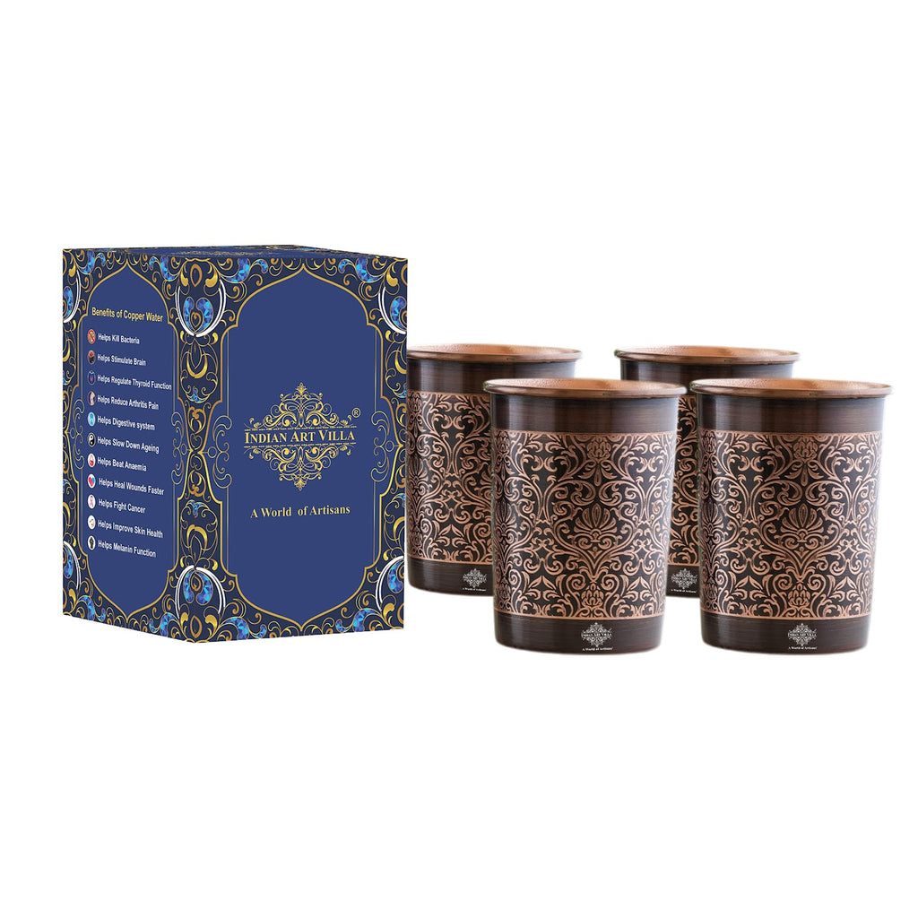 Indian Art Villa Handcrafted Pure Copper Glass, Dark Embossed Design, Drinkware, Serveware