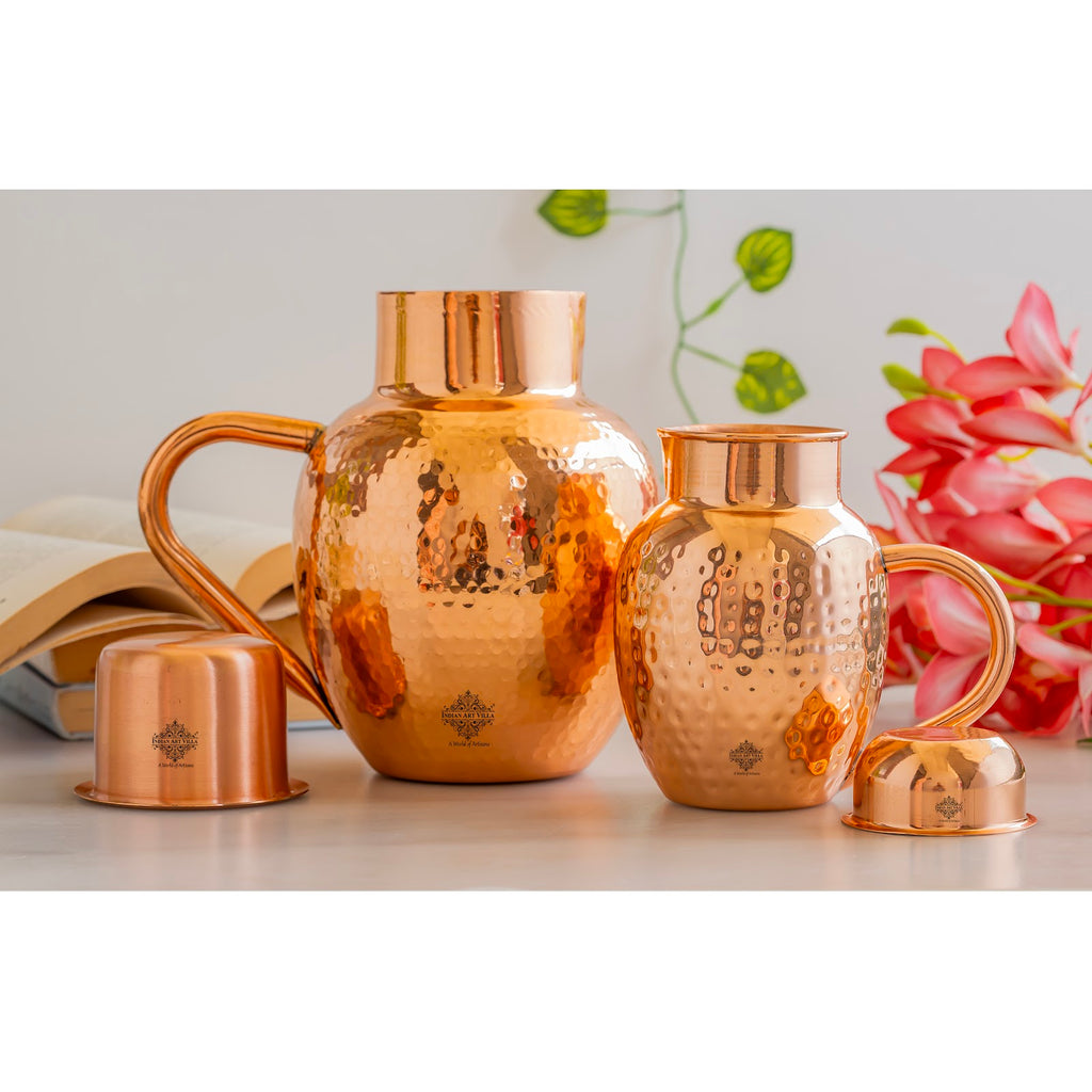 Indian Art Villa, Copper Jug/Pitcher With Hammered Royal Surahi Design– 600 ML, Water Storage & Serving, Drinkware and Serveware