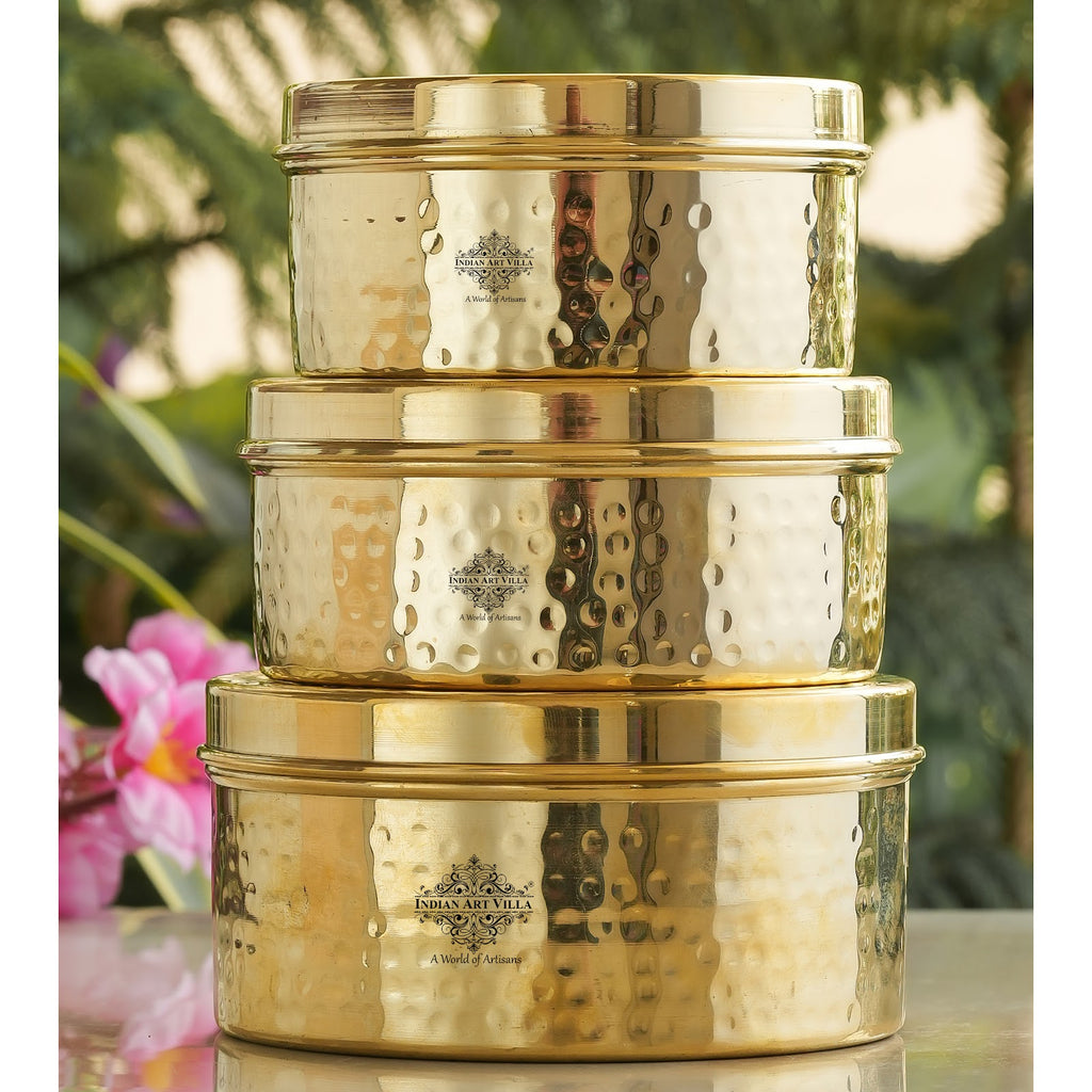 IndianArtVilla Handmade Brass Storage Container Set with Hammered Design - Set of 3