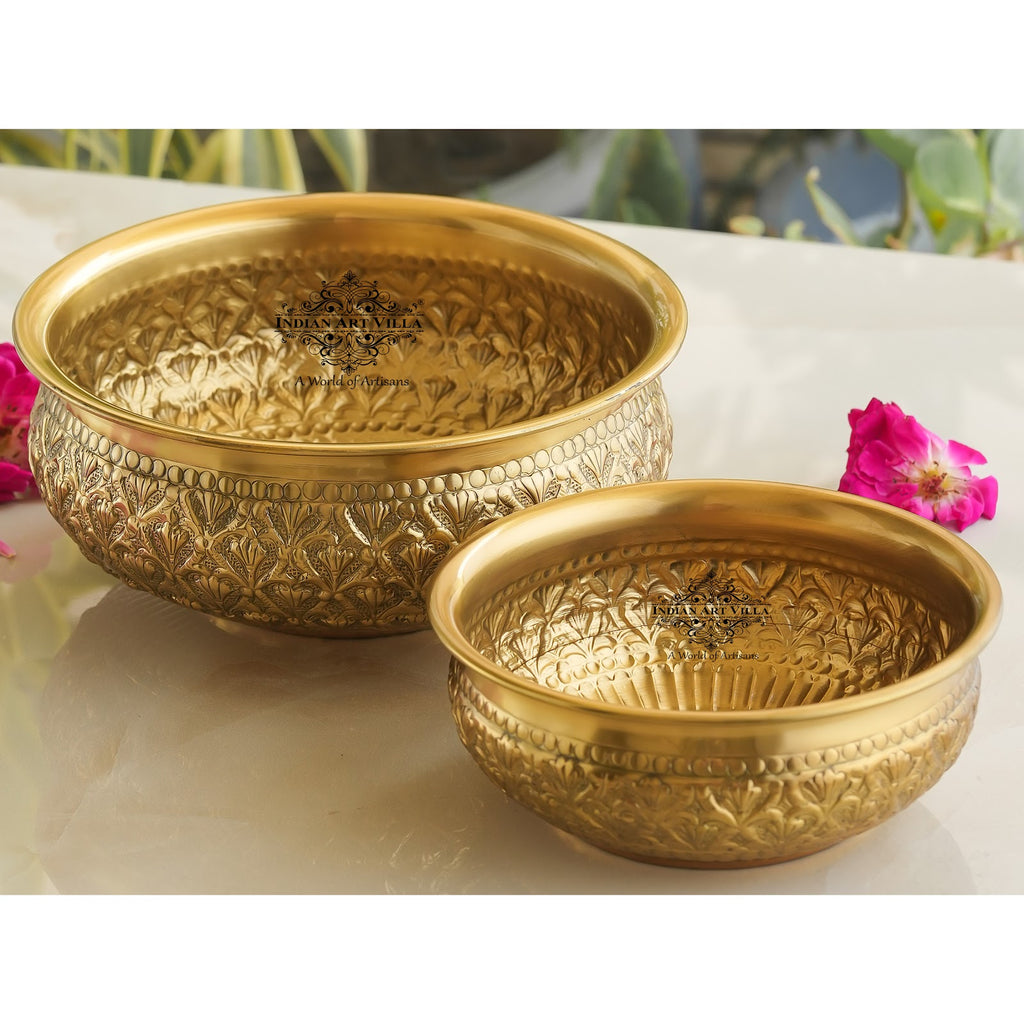 IndianArtVilla Handcrafted Brass Urli, Embossed Ornate Floral Design, Decorative Urli Bowl