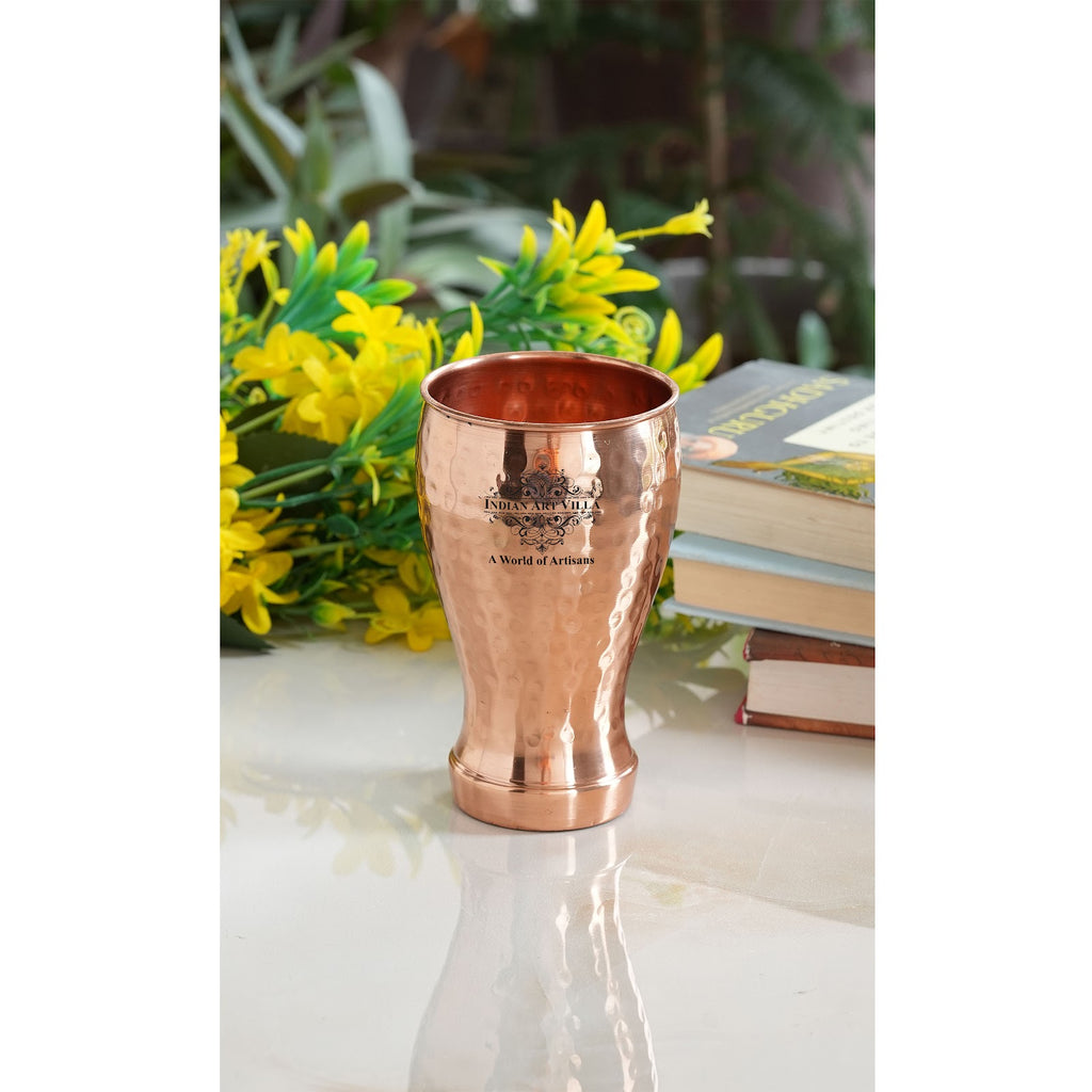 Indian Art Villa Pure Copper Glass Tumbler, Hammered Design, Drink-ware, 450 ML