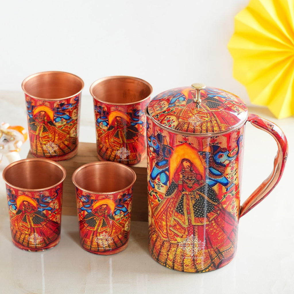 Indian Art Villa, Rajasthani Meena "Padharo Mhare Desh" Printed theme Copper Jug & Glass Gif Set, Ayuvedic Drinkware