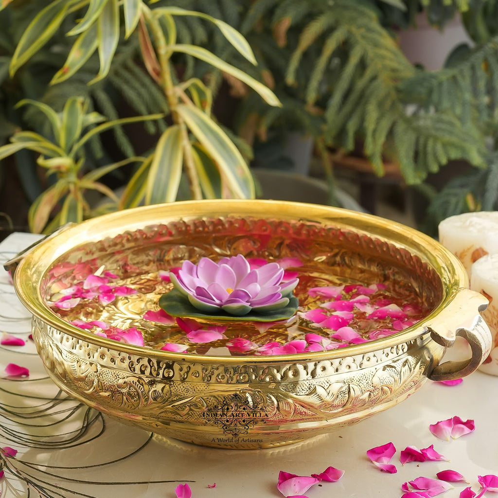 IndianArtVilla Handmade Pure Brass Embossed Design Urli 30.48 cm, Home Decorative Urli Bowl, 5Ltr.