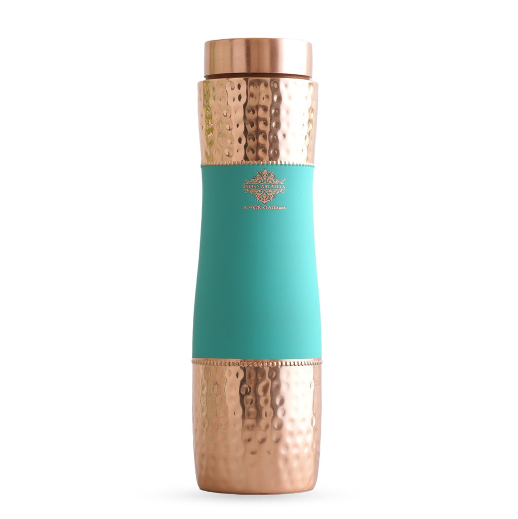 Indian Art Villa Handmade Copper Water Bottle With Silk Finish Turquoise Color ,1000ml