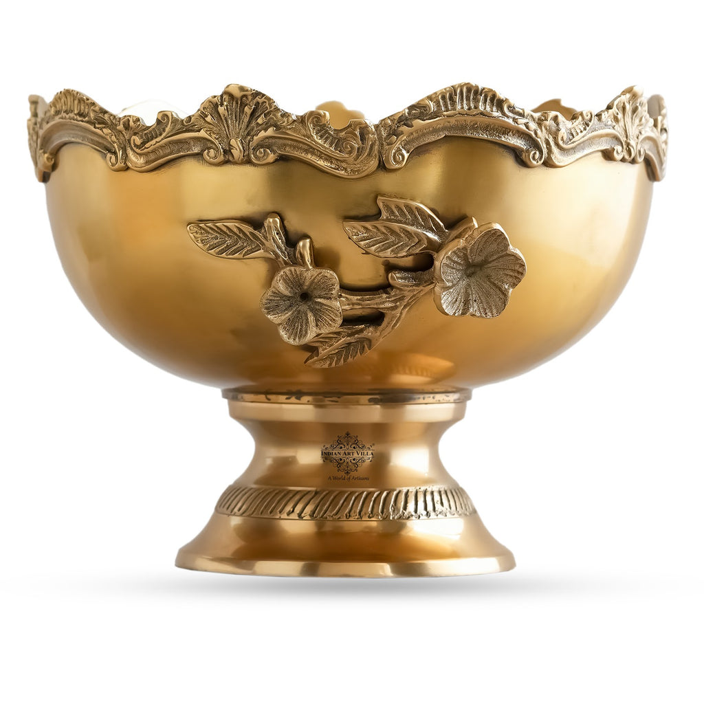 Indian Art Villa Brass Decorative Bowl, Handcrafted Floral Design, Premium Table Centerpiece