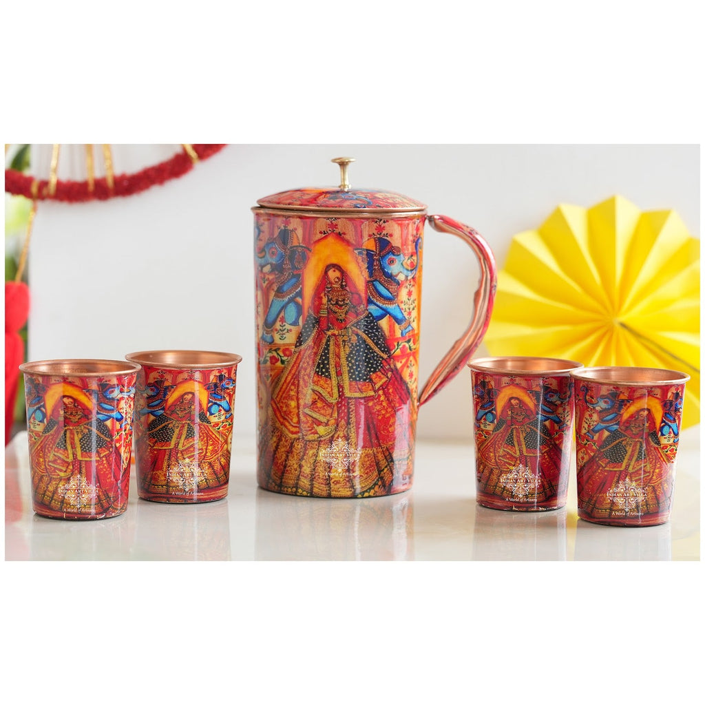 Indian Art Villa, Rajasthani Meena "Padharo Mhare Desh" Printed theme Copper Jug & Glass Gif Set, Ayuvedic Drinkware