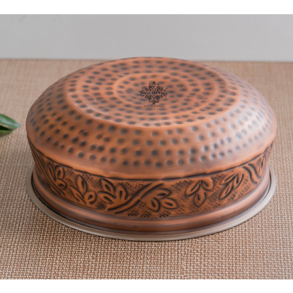 IndianArtVilla, Pure  Steel Copper Embossed Design Serving Handi/Bowl/Casserole, Ideal for Home & Restaurant Tableware and Serveware