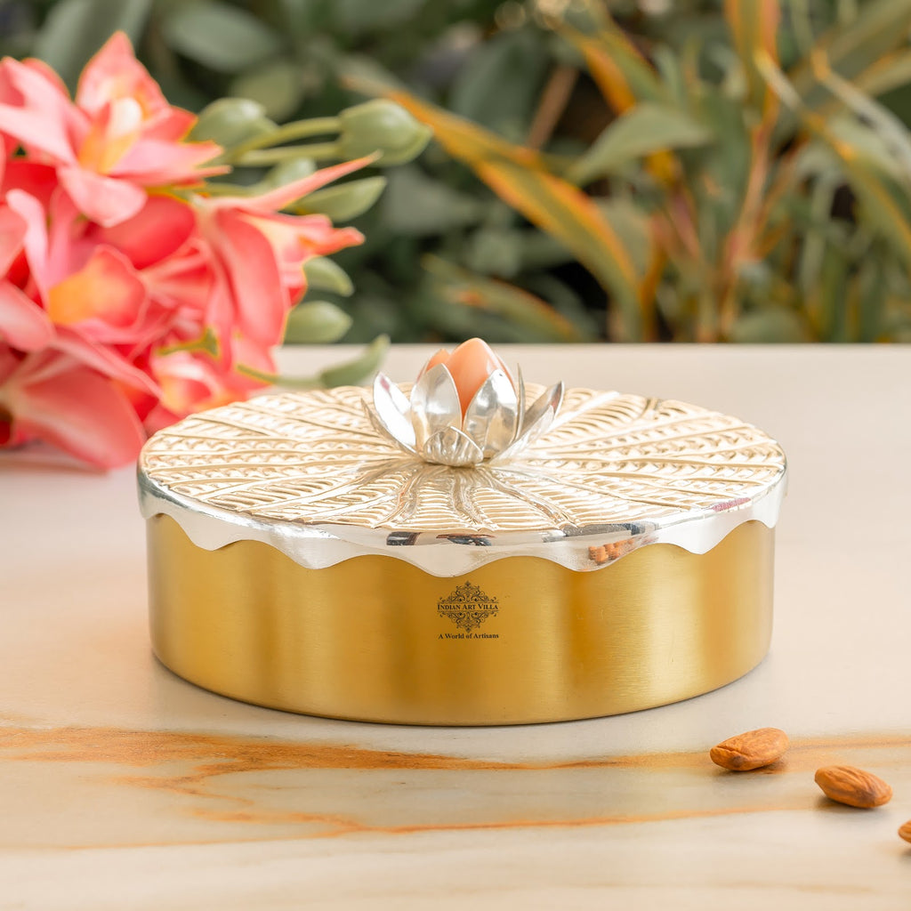 Indian Art Villa Silver-Plated Brass Decorative Multi-Purpose Gift Box, Lotus Flower Design, Elegant Silver & Gold Finish Storage Box for Dry Fruits