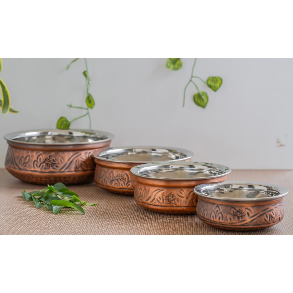 IndianArtVilla, Pure  Steel Copper Embossed Design Serving Handi/Bowl/Casserole, Ideal for Home & Restaurant Tableware and Serveware