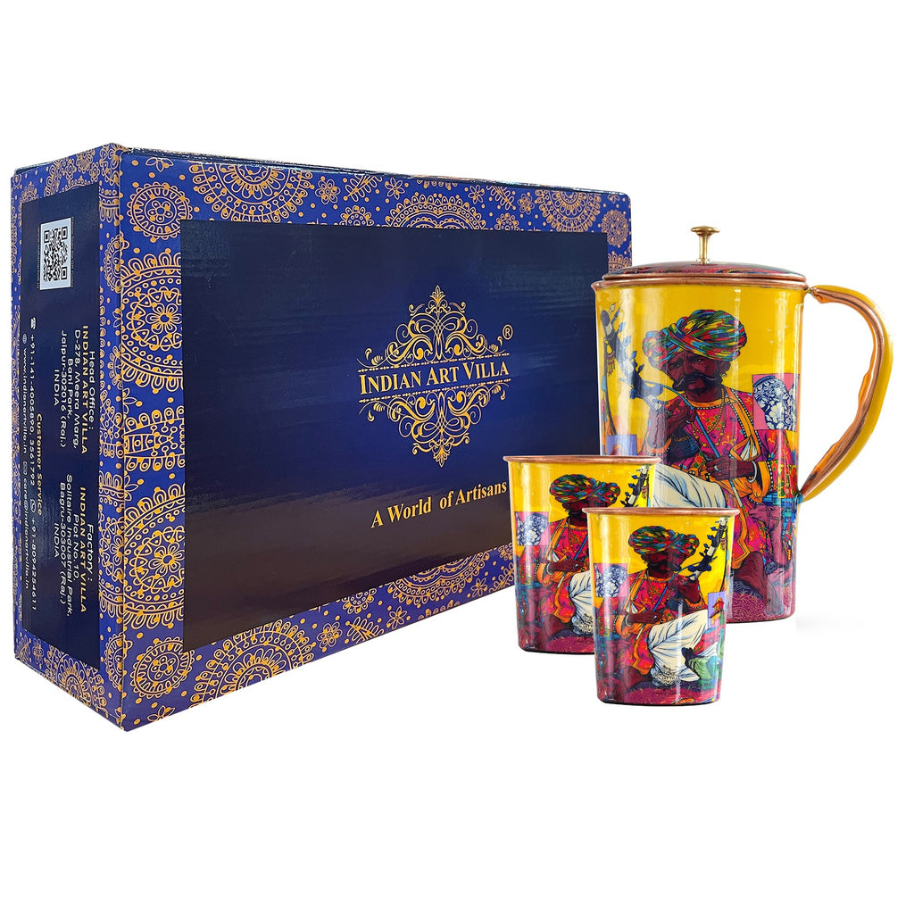 Indian Art Villa, Pure Copper Jug & Two Glass Set With historical Rajasthani Printed Theme "Padharo Mhare Desh"