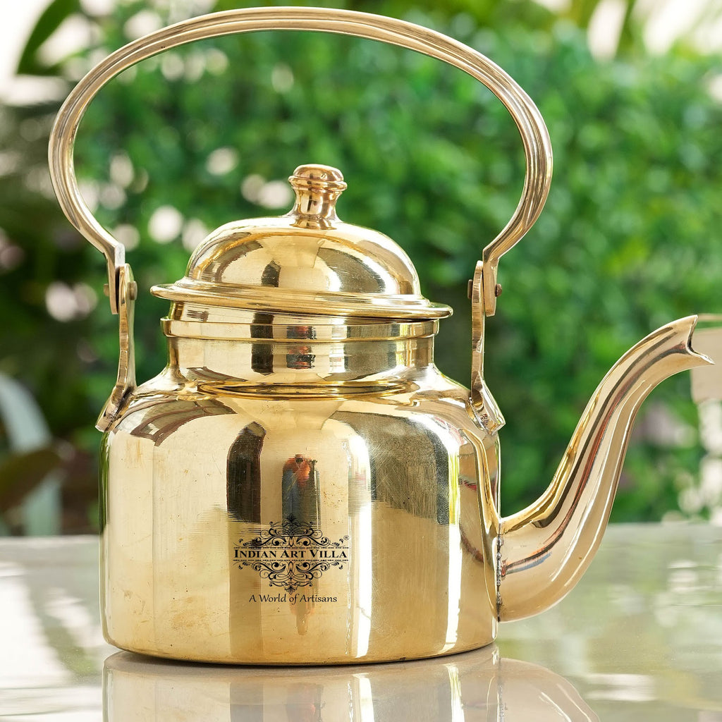 Indian Art Villa Handcrafted Pure Brass Shine Finish Design Tea Pot with Brass Stand with 4 Glass Tea Cup