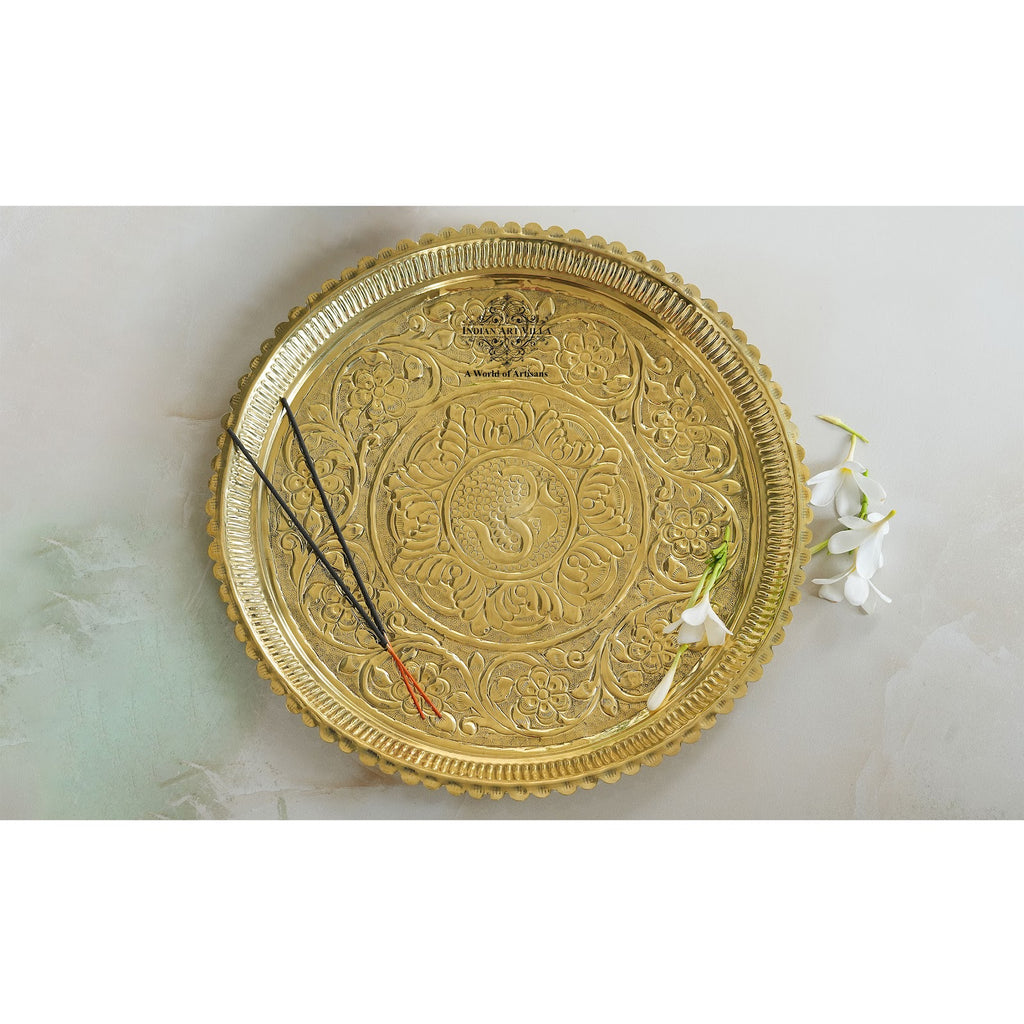 Indian Art Villa Pure Brass Om Design Pooja Thali Plate | Poojan Temple Home |Diameter 34.04 CMS