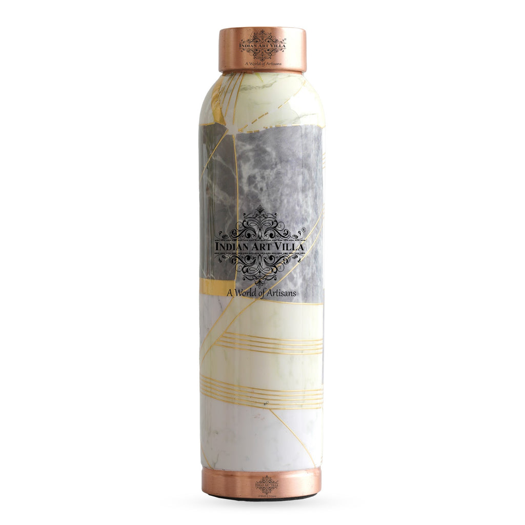 Indian Art Villa Handcrafted Pure Copper Gold Marble Print Design Water Bottle, Drinkware, Good For Health, 900 ML