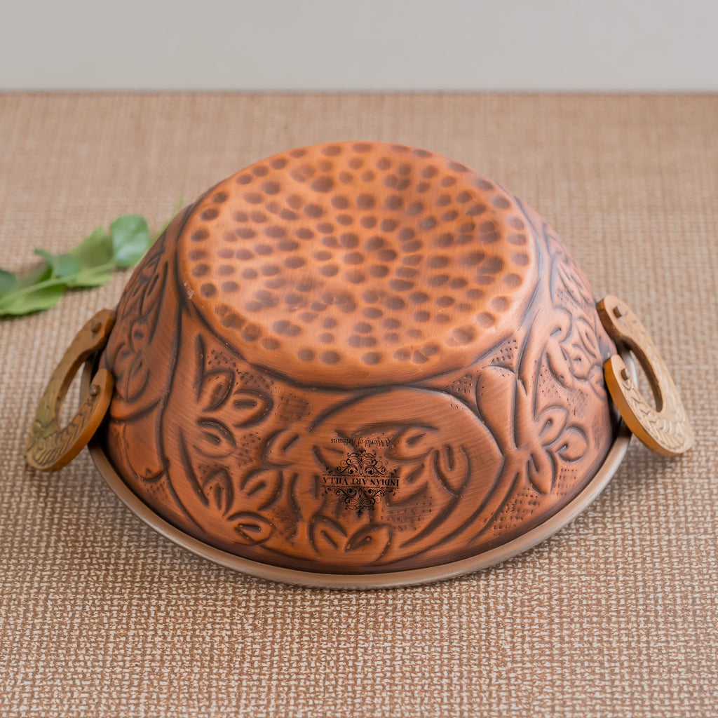 Indian Art Villa, Steel Copper Embossed Antique Dark Tone Design Kadhai with Different Size