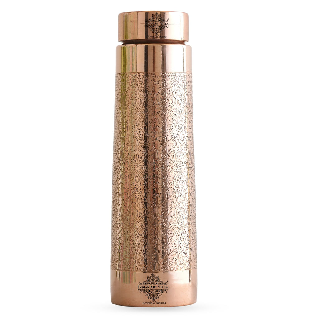 Indian Art Villa Handcraftd Pure Copper Pyramid Shape Embossed Design Bottle, Drinkware, 825 ML