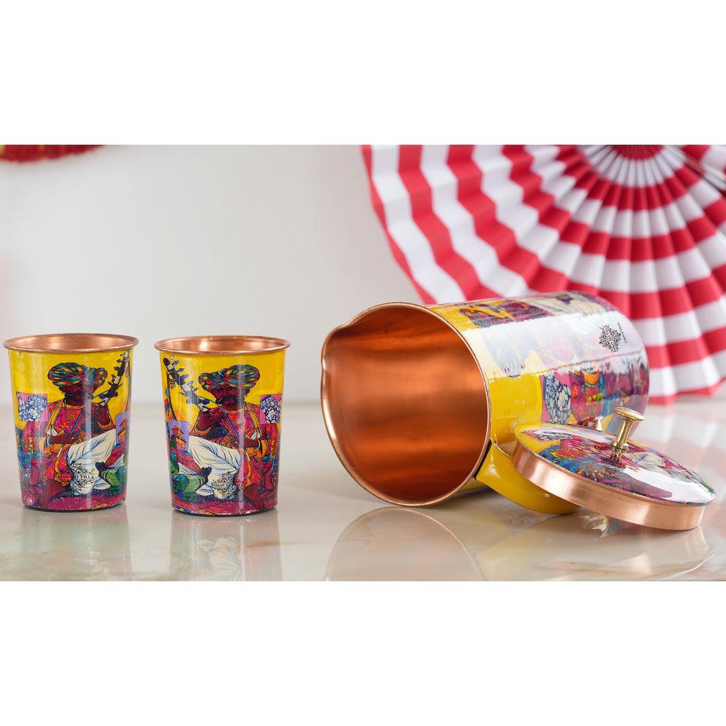 Indian Art Villa, Pure Copper Jug & Two Glass Set With historical Rajasthani Printed Theme "Padharo Mhare Desh"