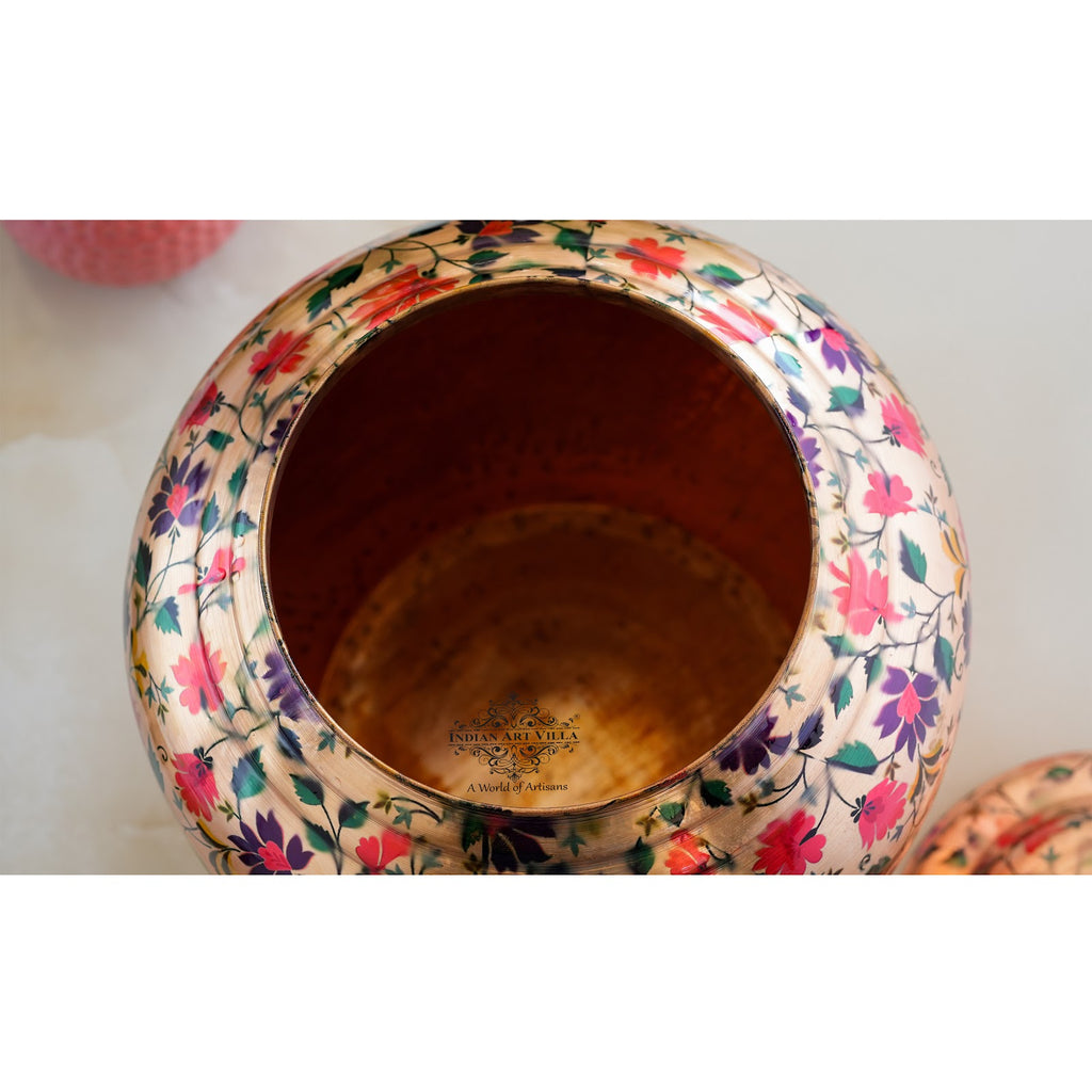 IndianArtVilla Pure Copper Water Dispenser/Matka In Multi Color Floral Print Design with Brass Tap,13 Ltr.