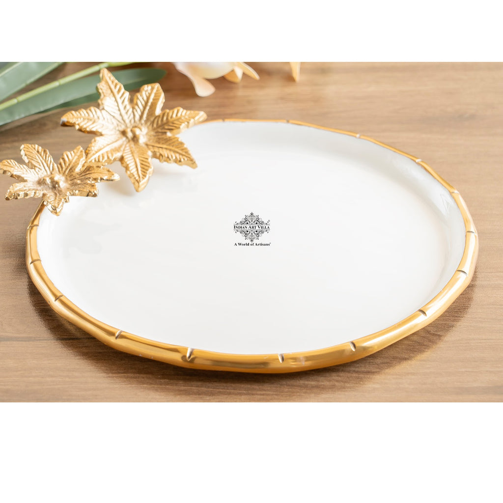 Indian Art Villa Brass Finish Decorative Serving Platter with Flower Design, Luxurious Serveware for Home Décor