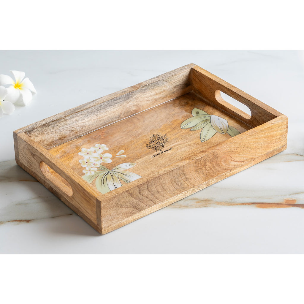 Indian Art Villa Wooden Tray with Plumeria Flower Design, Multipurpose Serving Tray for Tea, Coffee, Snacks, Home Decor, Gift Hampers