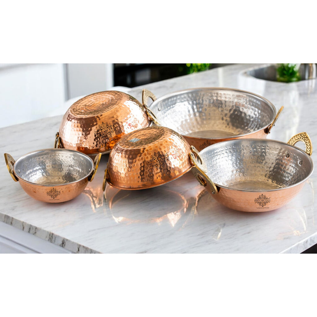 Indian Art Villa Pure Copper Kadai With Tin Lining, Hammered Design, Serveware & Tableware