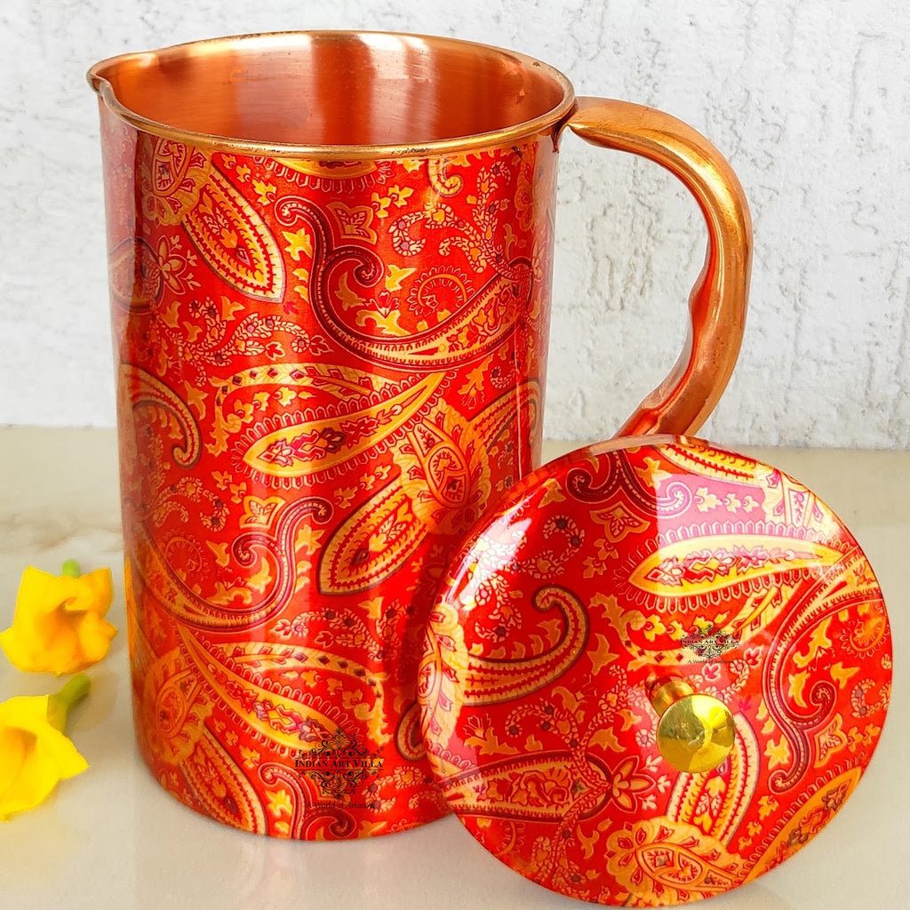 IndianArtVilla Printed Paisley Design, Copper Jug Pitcher, Storage & Serving Water, Yoga Ayurveda Healing