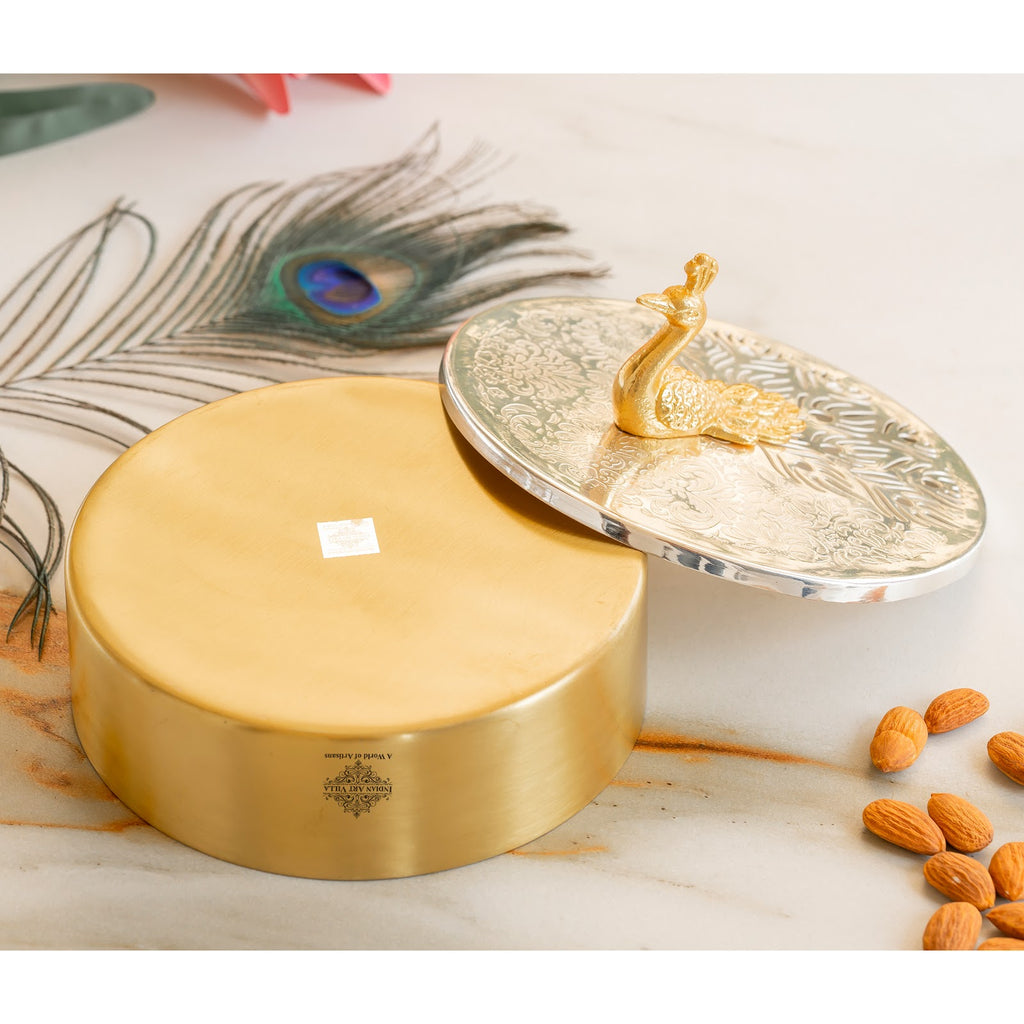 Indian Art Villa Silver Plated Brass Decorative Box With Peacock Design Knob, Ideal For Gifting