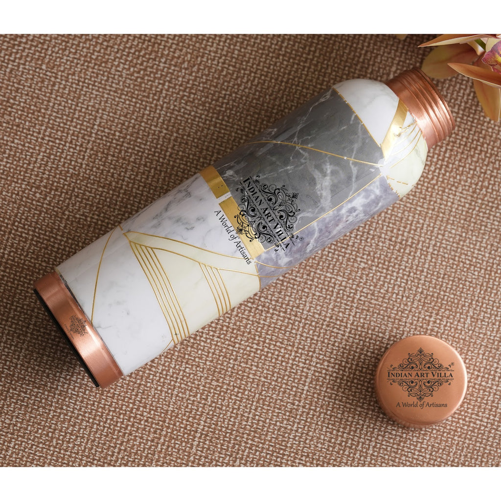 Indian Art Villa Handcrafted Pure Copper Gold Marble Print Design Water Bottle, Drinkware, Good For Health, 900 ML