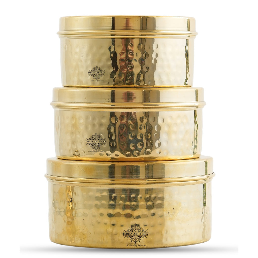 IndianArtVilla Handmade Brass Storage Container Set with Hammered Design - Set of 3