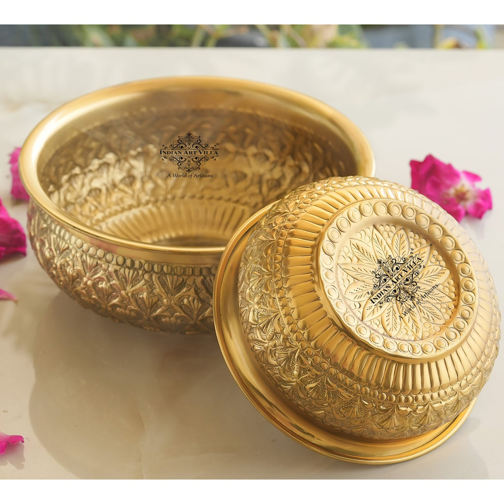 IndianArtVilla Handcrafted Brass Urli, Embossed Ornate Floral Design, Decorative Urli Bowl