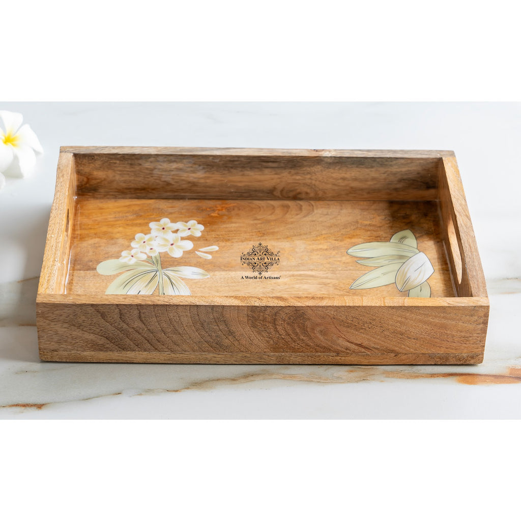 Indian Art Villa Wooden Tray with Plumeria Flower Design, Multipurpose Serving Tray for Tea, Coffee, Snacks, Home Decor, Gift Hampers