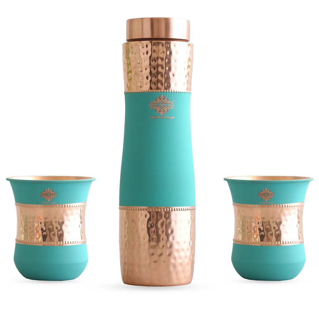 Indian Art Villa Pure Copper Drinkware Gift Set of 2 Glass and 1 Bottle in Turquoise Silk Finish Design