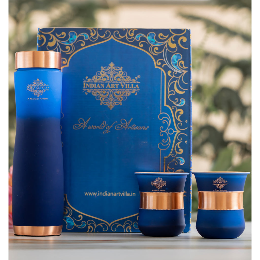 Indian Art Villa Matte Blue Ombre Copper Bottle and Glass Set with Royal Look –  Perfect for Adding a Touch of Luxury, Bottle-950 Ml, Glass-320 Ml