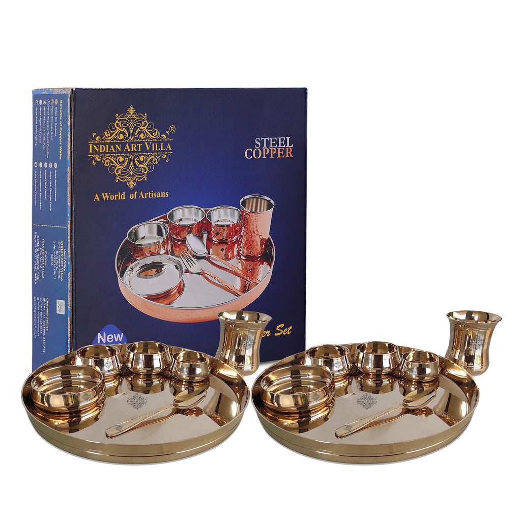 Indian Art Villa,  Handcrafted Pure Bronze Curve Shaped 7 Pieces Dinner Set | Thali Set with  Mirror Shine Finish