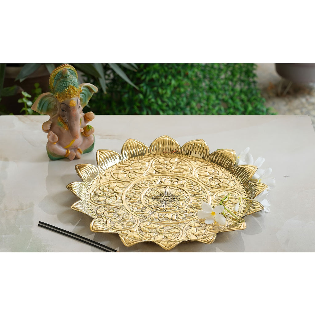 Indian Art Villa Pure Brass Sunflower Design Pooja Thali | Pooja Temple Home