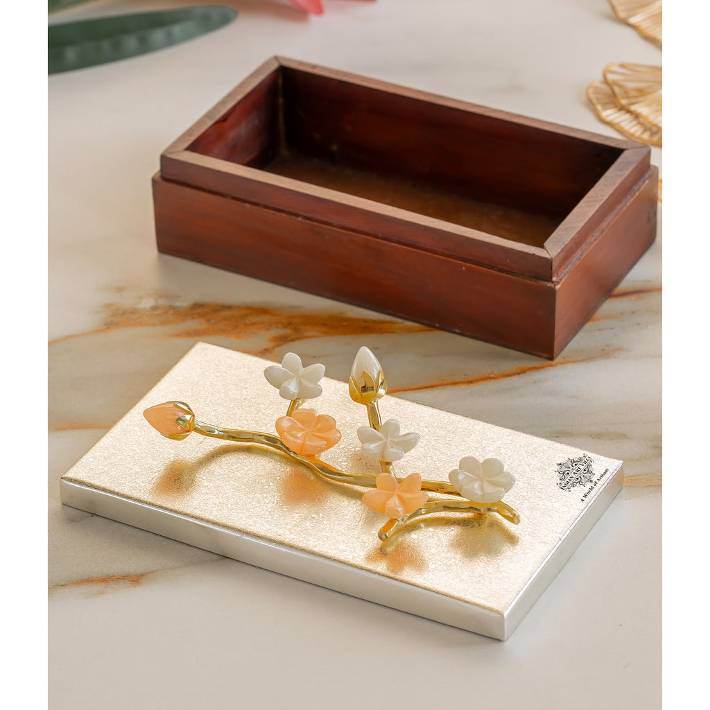 Indian Art Villa Wooden Decorative Box with Silver-Plated Leaf and Flower Design, 20 cm–  Perfect for Festivals, Occasions & Gift