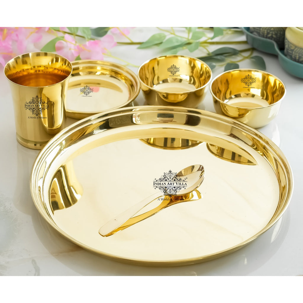 IndianArtVilla Brass Gold Shine Finish Design Thali Set | Dinner Set, Lead Free, Light weight, 6 Piece