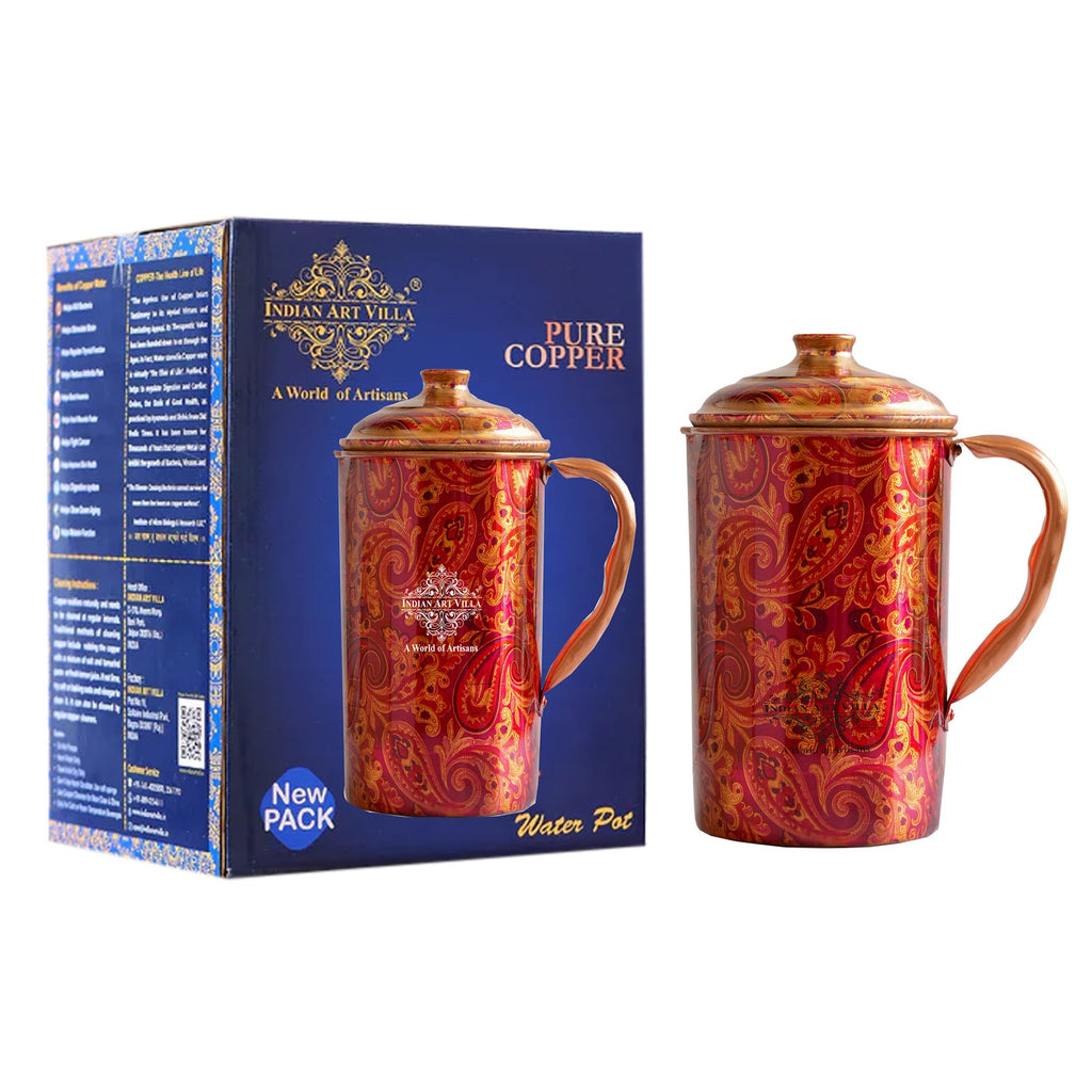 IndianArtVilla Handmade Pure Copper Jug With Red Floral Abstract Print Design, Volume-2000 ML