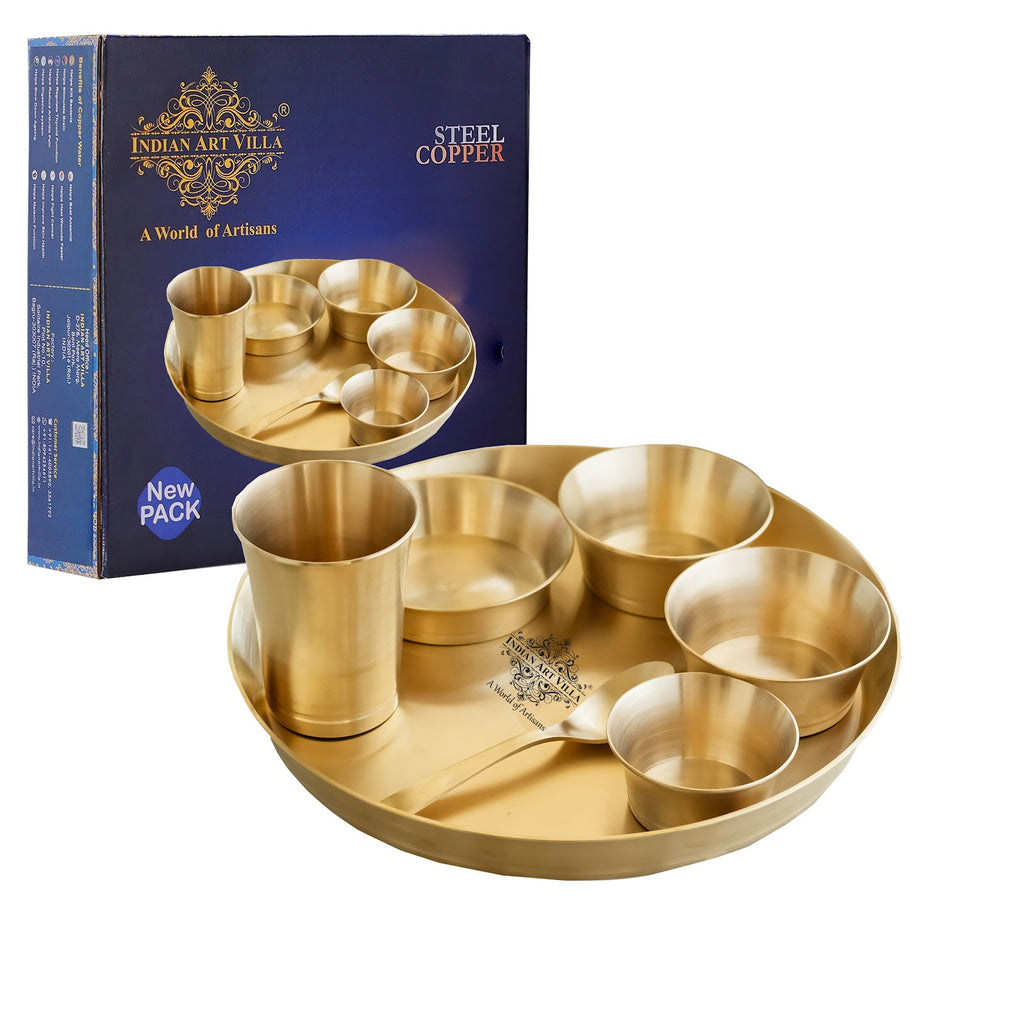 IndianArtVilla Pure Brass Matt Finish Design Thali Set|Dinner Set,  7 Piece