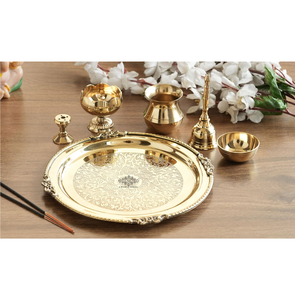 IndianArtVilla Pure Brass Embossed Puja Thali Set, 6 Pieces Set, 20.32 cm, Poojan Purpose, Spiritual Gift Item