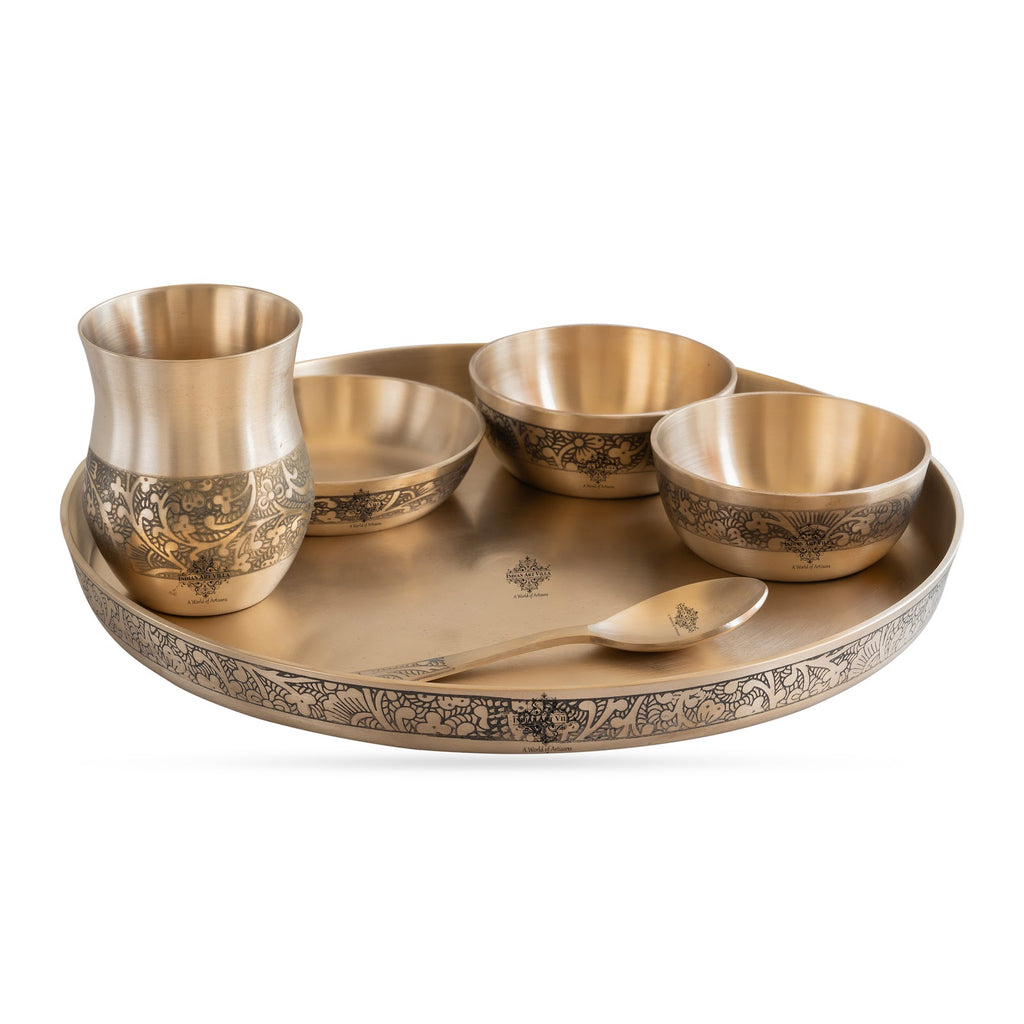 Indian Art Villa Bronze Thali Set – 6-Piece Matt Embossed Dinnerware Set with 1 Thali, 1 Glass, 1 Spoon, 1 Small Plate, and 2 Bowls, Ideal for Everyday Dining & Festive Occasions