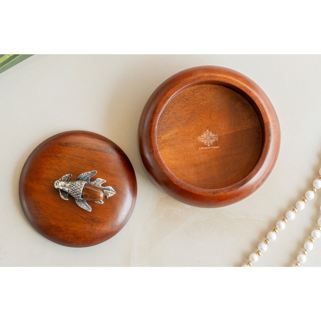 Indian Art Villa Wooden Acorn Bowl with Lid – Handcrafted Flower Design