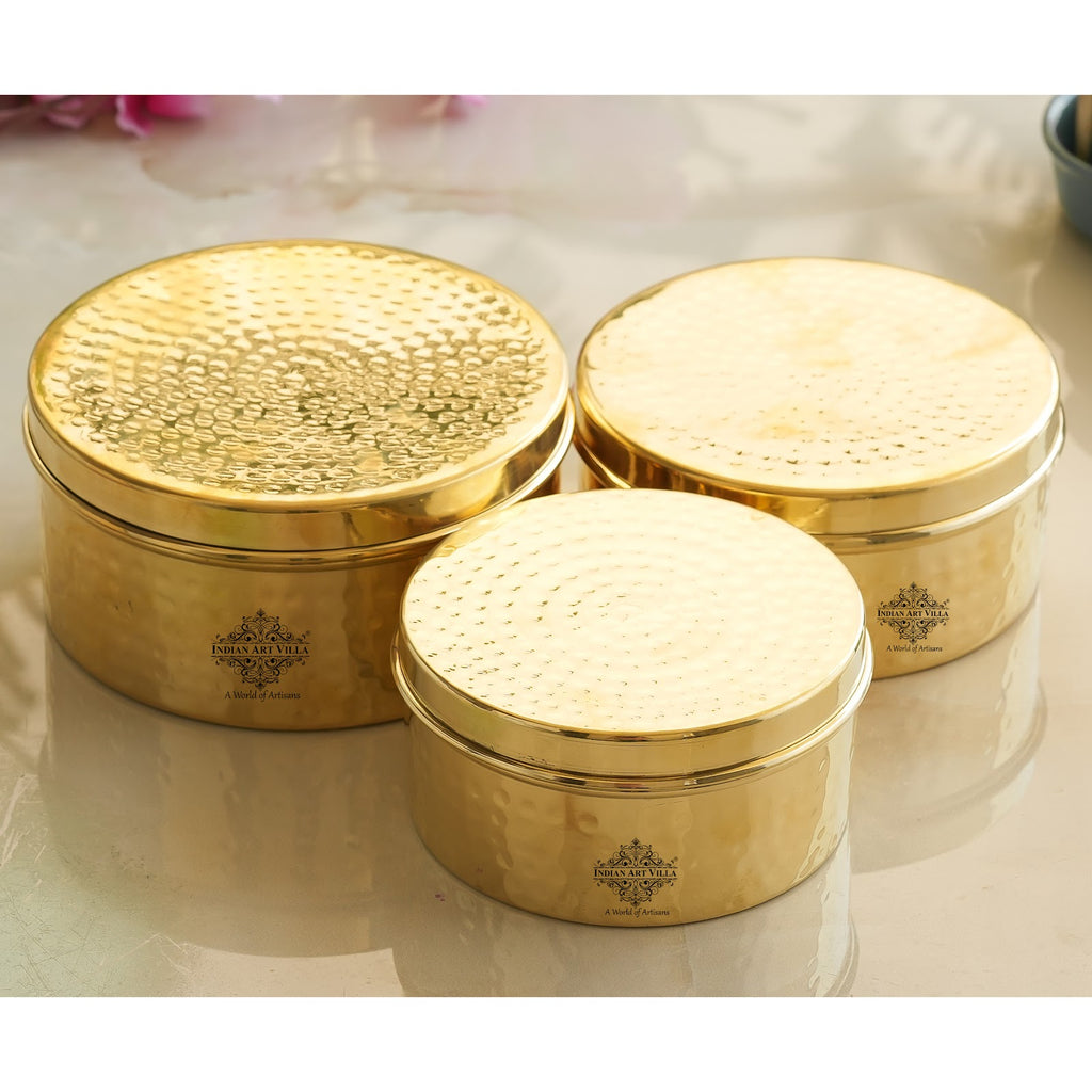 IndianArtVilla Handmade Brass Storage Container Set with Hammered Design - Set of 3