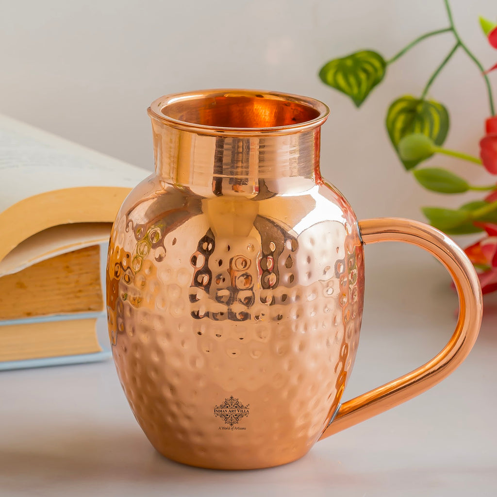 Indian Art Villa, Copper Jug/Pitcher With Hammered Royal Surahi Design– 600 ML, Water Storage & Serving, Drinkware and Serveware