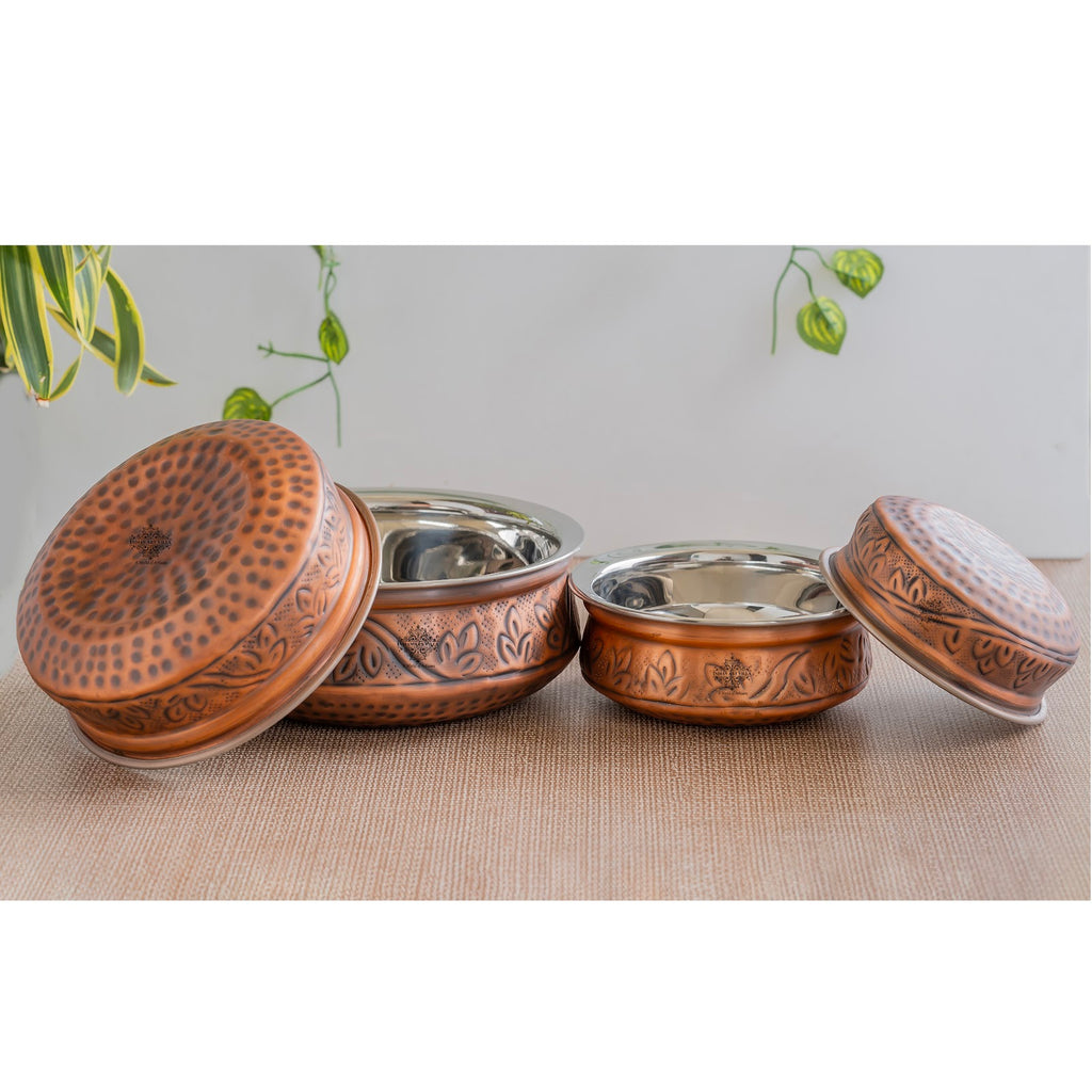 IndianArtVilla, Pure  Steel Copper Embossed Design Serving Handi/Bowl/Casserole, Ideal for Home & Restaurant Tableware and Serveware