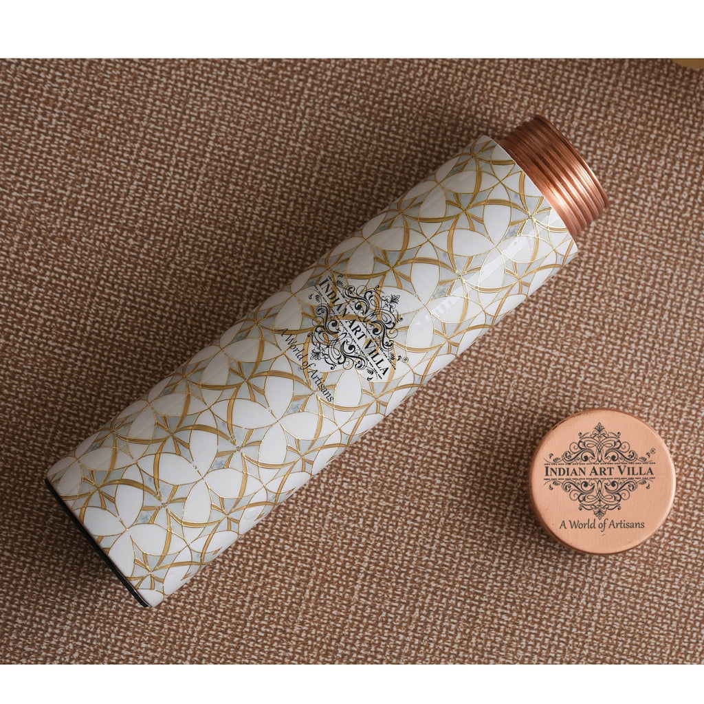 Indian Art Villa Pure Copper Gold Block Print Design Water Bottle, Drinkware, Tableware, 800 ML