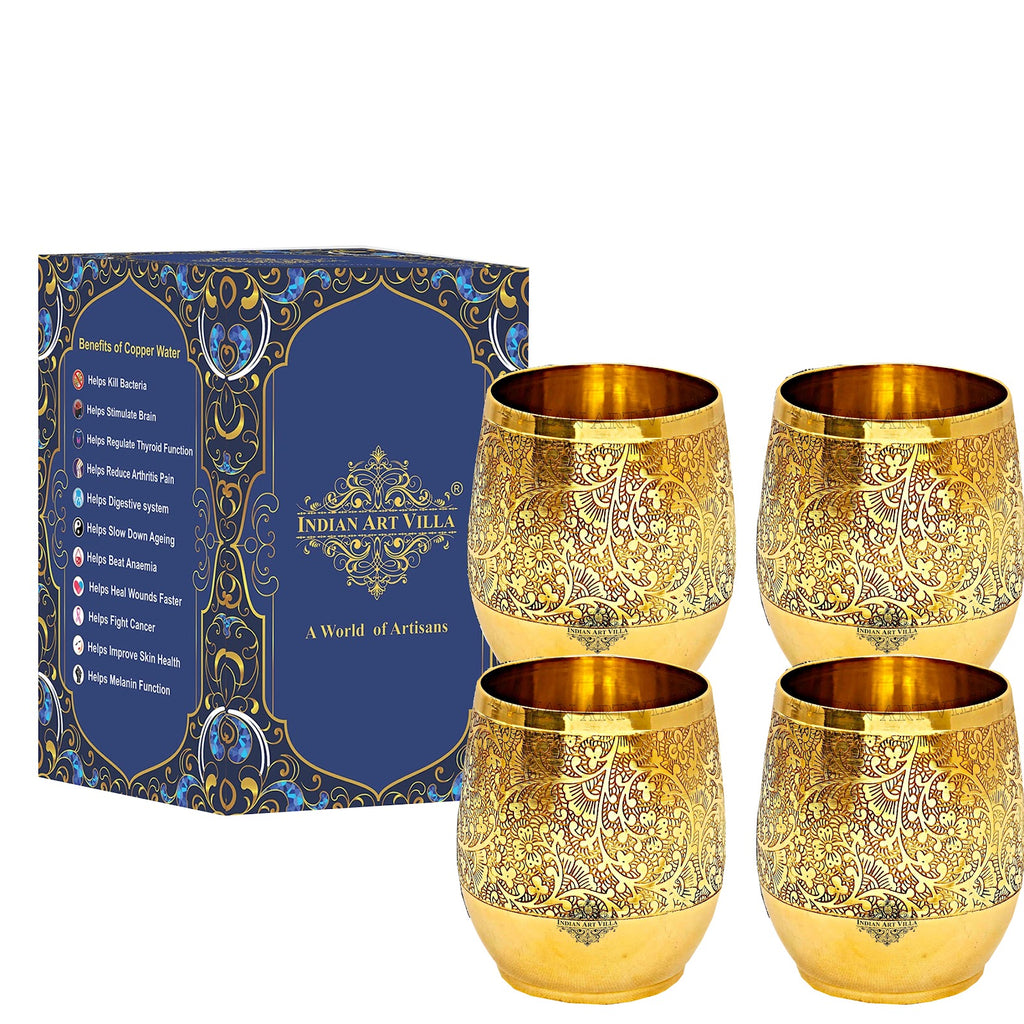 IndianArtVilla Handmade Pure Brass Embossed Flower Design Glass, Tumbler, 300 ml, Drinkware, Serveware, Tableware