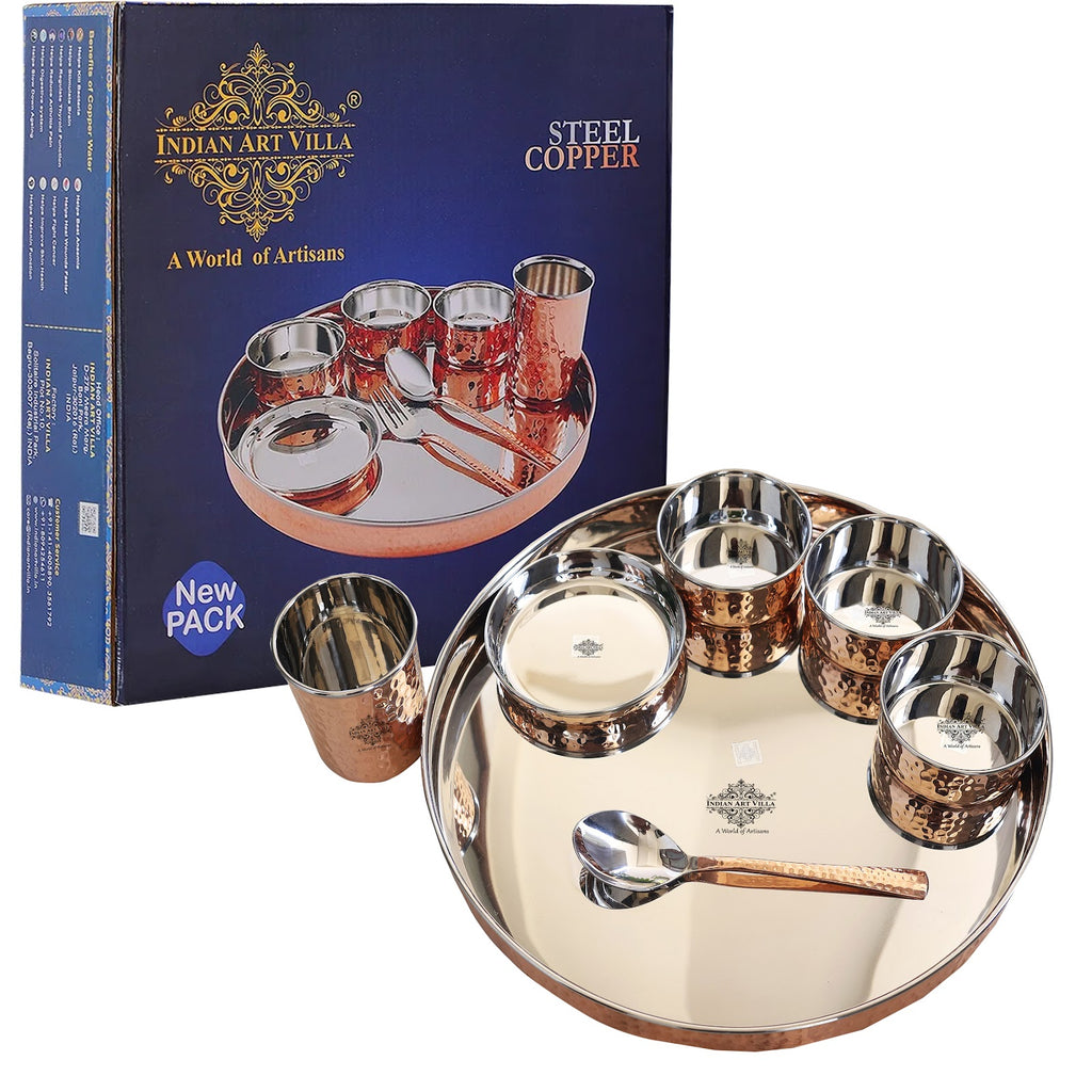 Indian Art Villa Pure Copper Steel Hammered design 7 Piece Kitchen Dinner Set